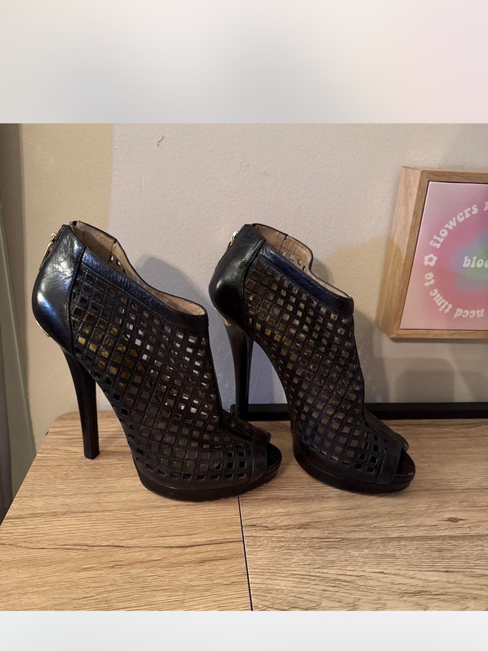 Michael Kors Black Cutout Peep Toe Platform Stiletto Booties